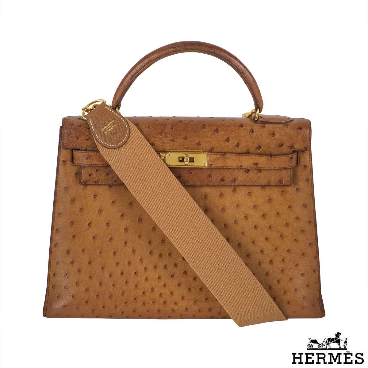 Hermes Kelly 32 Ostrich Exotic Yellow Gold Top Handle Satchel Shoulder Bag  at 1stDibs